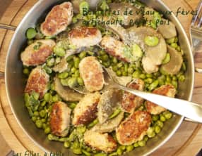 Boulettes de veau aux fèves, artichauts et petits pois