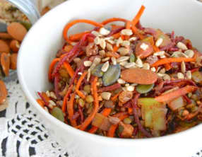 Salade de lentilles, poireaux, carotte, betterave et orange