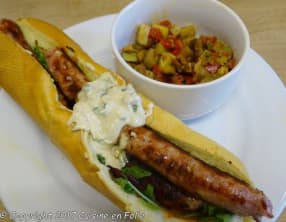 Hot dog toulousain, ketchup "maison", sauce moutardée douce