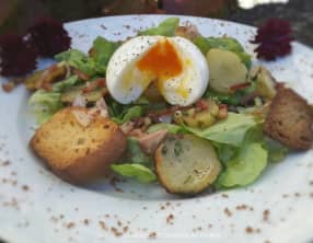 Salade campagnarde pommes de terre lardons et son oeuf mollet