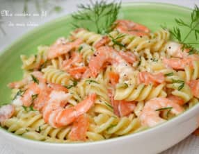 Spirelli aux crevettes et saumon fumé, crème à l'aneth