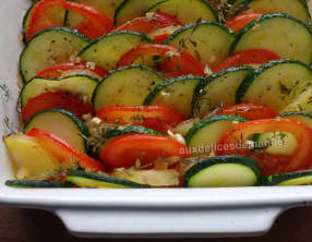 Tian de courgettes, pomme de terre, tomate, chorizo et mozzarella