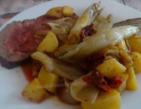 Rôti de bœuf aux pommes de terre et endives sautées