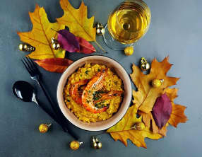 Risotto crémeux de butternut, échalotes confites et gambas au Pineau des Charentes
