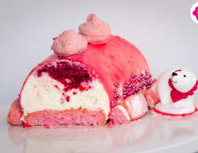 Bûche vanille framboises et biscuits roses