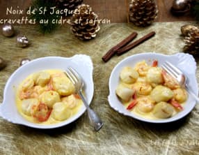 Noix de Saint-Jacques et crevettes au cidre et safran