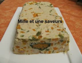 Terrine de saumon, gambas et ses petits légumes