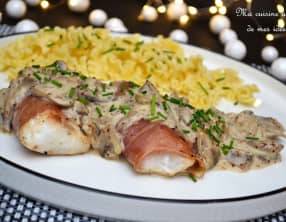 Dos d'églefin au jambon de Bayonne, sauce aux champignons de Paris et moutarde à l'ancienne