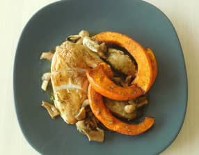 Poulet chasseur et potimarron rôti