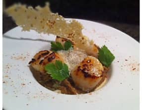 Saint-Jacques poêlées, purée de châtaignes en écume de parmesan