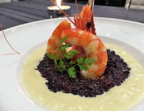 Risotto vénéré, gambas poêlées et crème de poireaux au curry