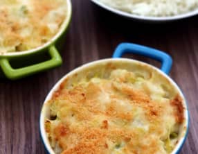 Gratin de cabillaud et poireaux à la moutarde