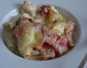 Éminces de poulet à la cancoillotte et pancetta, gratinés