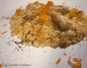 Risotto à l’orange, filet de maquereau et café