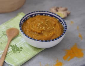 Soupe butternut-patate douce au citron, gingembre et curry