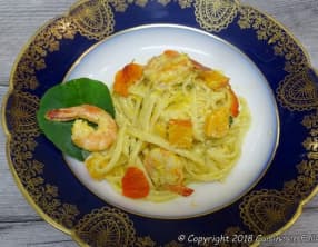 Linguine au potimarron, crevettes et basilic