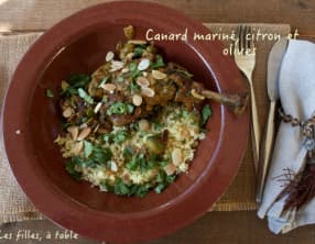 Canard mariné, citron et olives