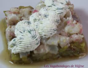 Tartare de daurade à la bergamote sur lit de poireau, chantilly à la ciboulette