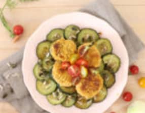 Galettes de pois chiches, courgettes sautées à l'huile d'olive