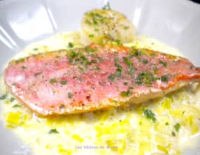 Filet de rouget et noix de Saint-Jacques sur crème de poireaux safranée