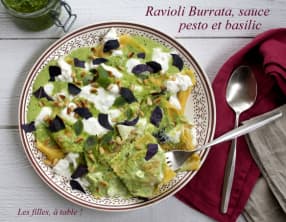 Ravioli burrata tomates séchées et basilic, sauce au pesto