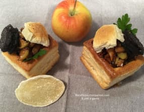 Feuilletés de boudin noir aux oignons et pommes caramélisées et sa touche de gingembre confit