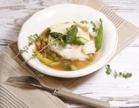 Cabillaud basse température en ragoût d'asperges et petits pois