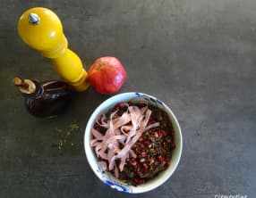 Salade tiède de lentilles à la mortadella pistachée d'Alba Pezone