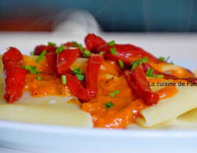 Pâtes au confit de poivrons rouges, sans viande