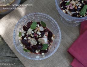 Faisselle, cerises confites, menthe et muesli