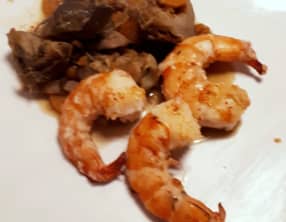 Gambas grillés – artichauts en barigoule de bisque de crustacé