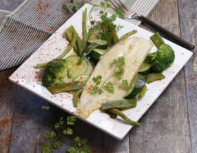 Soles légumes verts et béchamel crémeuse au safran