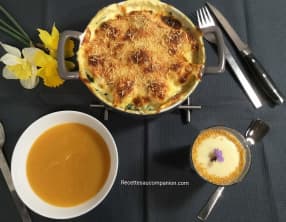 Votre menu de l’entrée au dessert, velouté de légumes œufs florentine crème dessert sans œuf chocolat blanc