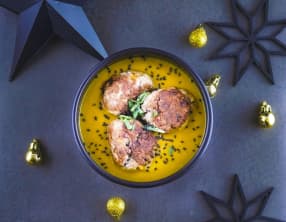 Boulettes de canard thaï, crème de patate douce au curry