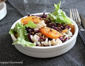 Salade de pâtes, lentilles, chou rouge et orange