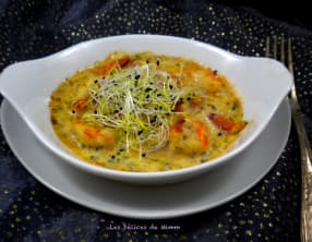 Cassolette de homard et scampis et une petite bisque en prime