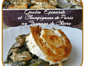 Gratin d’épinards et champignons de Paris au fromage de chèvre et noisettes