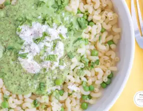 Coquillettes crème de petits pois et chèvre frais