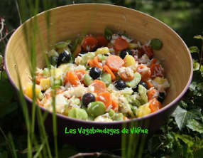 Salade crabe, ananas, carottes, fèves, myrtilles