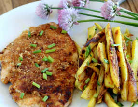 Poulet croustillant et frites de patates douce