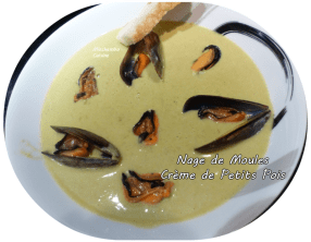 Nage de moules, crème de petits pois