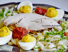 Salade de fenouil aux tomates séchées, oeufs durs farcis et filet de pintade