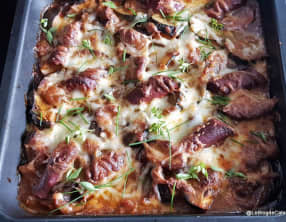 Gratin d'aubergine, courgette et merguez