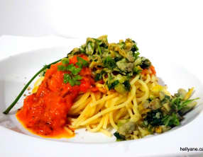 Spaghetti au confit 3 légumes avec des coques à la persillade