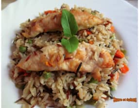 Aiguillettes de poulet au four au riz et aux légumes