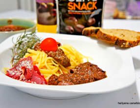 Spaghetti à la sauce tapenade et tomate, et magret de canard