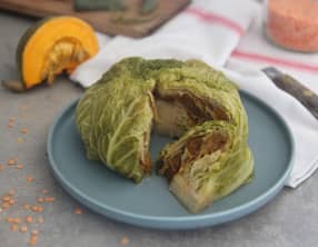 Chou farci au potimarron et lentilles corail