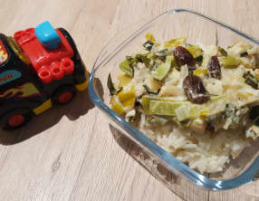 Petit pot cabillaud et poireaux à la crème, raisin secs, riz