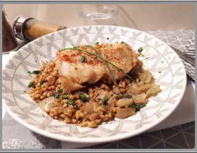 Epeautre au curry et cabillaud poché