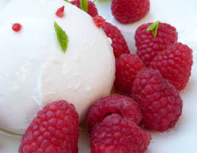 Burrata, framboises, menthe et sauce au miel